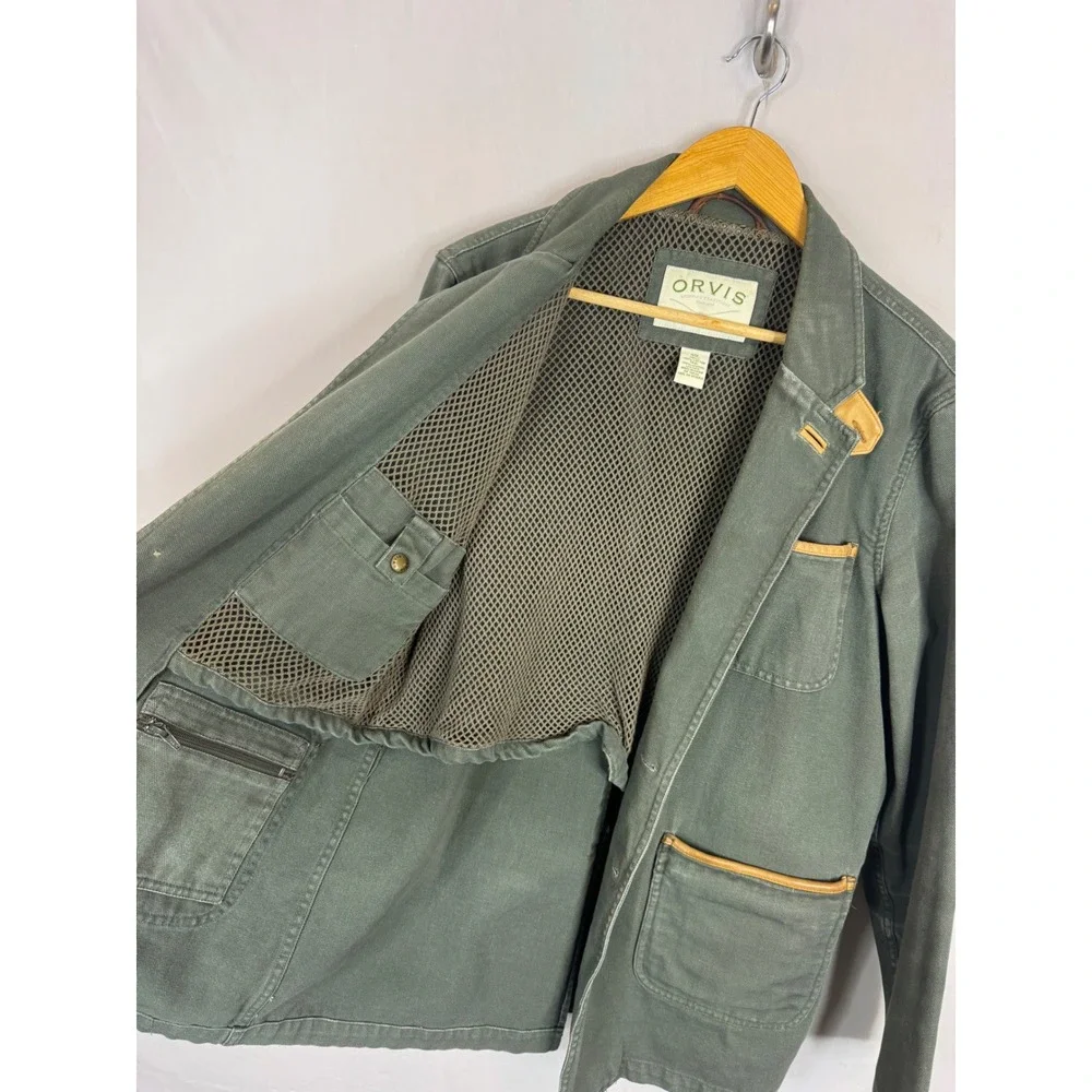 Orvis Mens Canvas Field Blazer Jacket Green Leather Trim Elbow Patches 40L